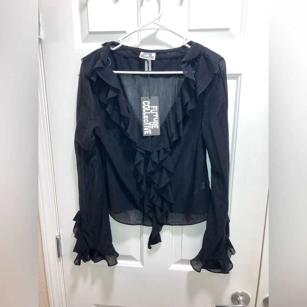 Future Collective Women's Ruffle Long Sleeve V Neck Blouse Black sheer Size S - Picture 2 of 4
